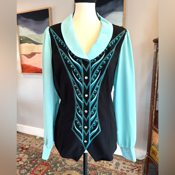 Bob Mackie Wearable Art Black and Blue Embroidered Top - Picture 1 of 11